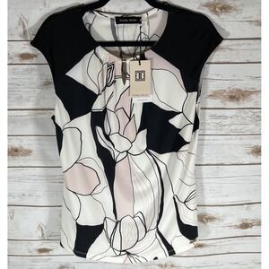 Ivanka Trump Floral Cap Sleeve Split Neck Blouse Size M White Black Pink Flowy